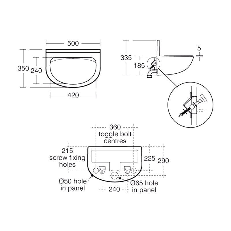 Armitage Shanks Contour 21 Upstand Basin with Back Outlet 500mm Wide - 0 Tap Hole