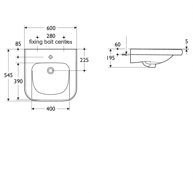Armitage Shanks Contour 21 Accessible Basin 600mm Wide - 1 Tap Hole  | Dimension Image