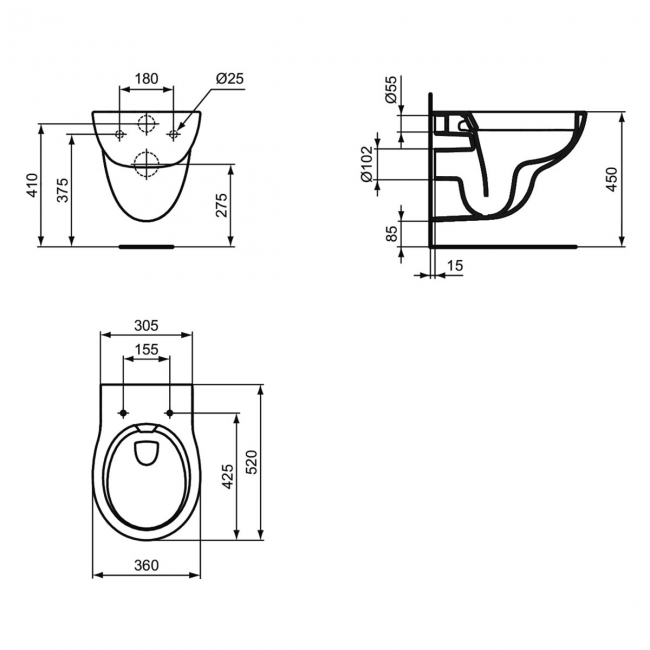 Armitage Shanks Contour 21 Plus Rimless Wall Hung Pan 525mm Projection - Excluding Seat