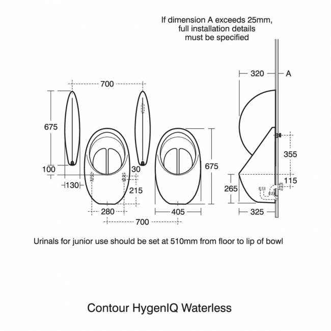 Armitage Shanks Contour HygeniQ Waterless Rimless Urinal Bowl 670mm High - White