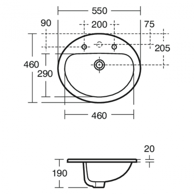 Armitage Shanks Orbit 21 Countertop Basin without Overflow 550mm Wide - 1 Tap Hole