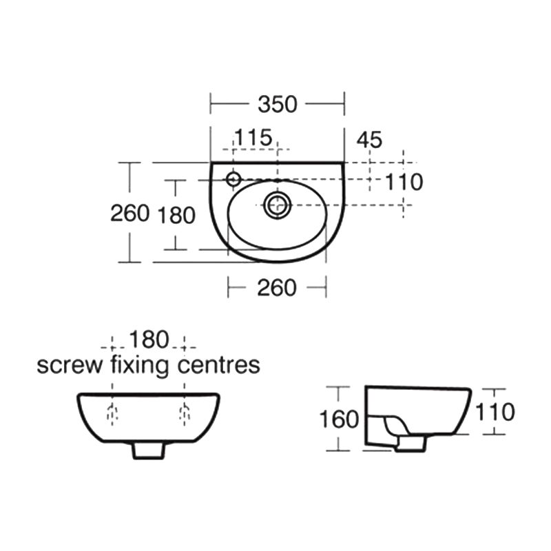 Armitage Shanks Sandringham 21 Wall Hung Handrinse Basin 350mm - 1 LH Tap Hole