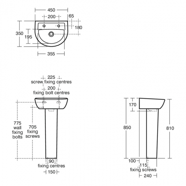 Armitage Shanks Sandringham 21 Basin with Full Pedestal 450mm Wide - 2 Tap Hole