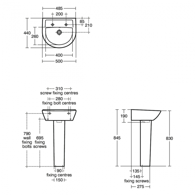 Armitage Shanks Sandringham 21 Basin with Full Pedestal 500mm Wide - 2 Tap Hole