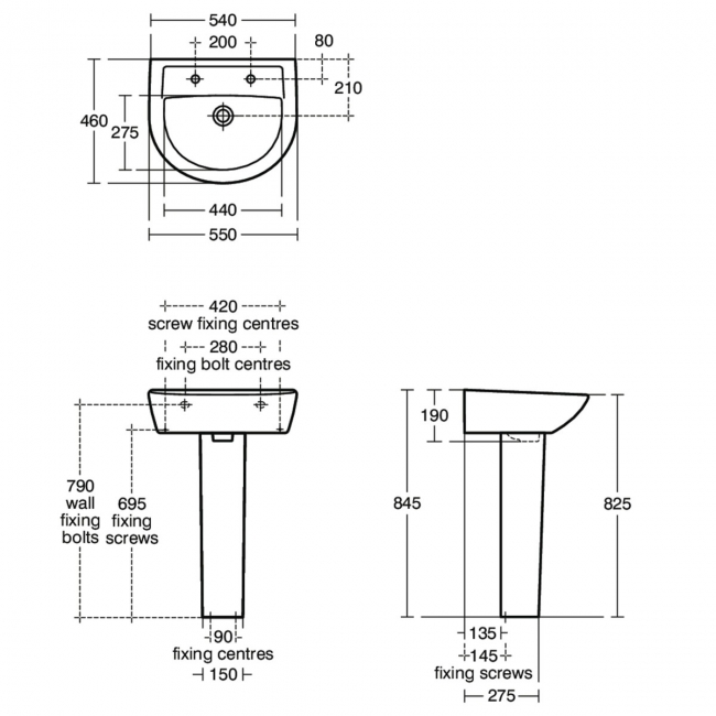 Armitage Shanks Sandringham 21 Basin with Full Pedestal 550mm Wide - 2 Tap Hole