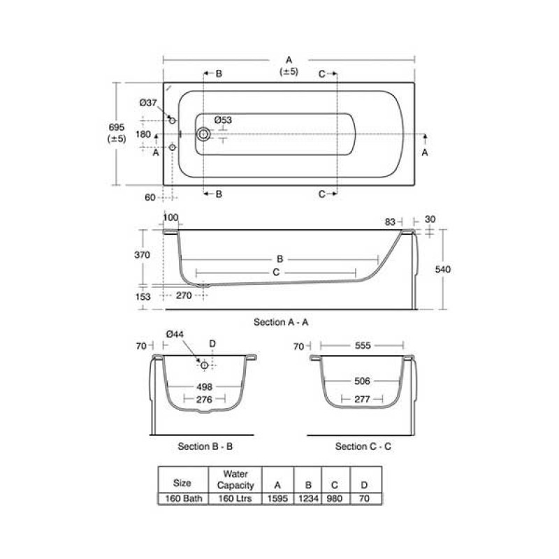 Armitage Shanks Sandringham 21 Rectangular Bath E027601 1600mm x