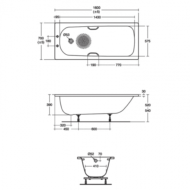 Armitage Shanks Sandringham 21 Rectangular Steel Bath with Grips 1600mm x 700mm - 2 Tap Hole