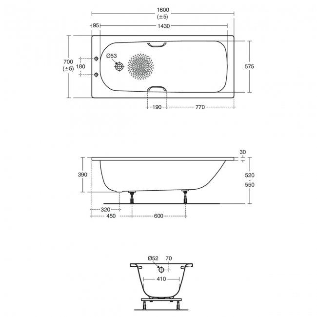Armitage Shanks Sandringham 21 Rectangular Steel Bath with Grips 1600mm x 700mm - 2 Tap Hole (inc Leg Set)
