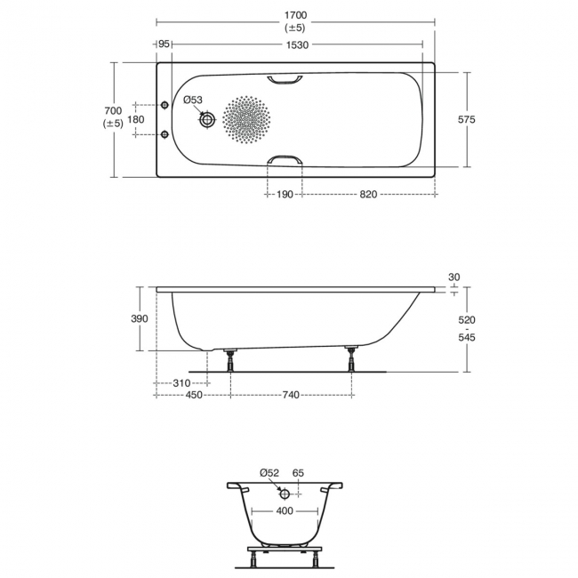 Armitage Shanks Sandringham 21 Anti-Slip Steel Bath with Handgrips 1700mm x 700mm 2 Tap Hole (inc Leg Set)