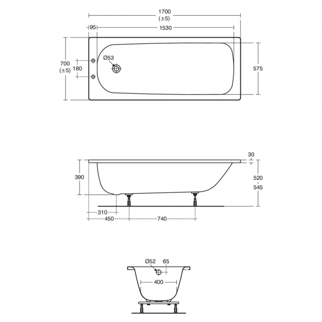 Armitage Shanks Sandringham 21 Rectangular Steel Bath 1700mm x 700mm - 2 Tap Hole (inc Leg Set)