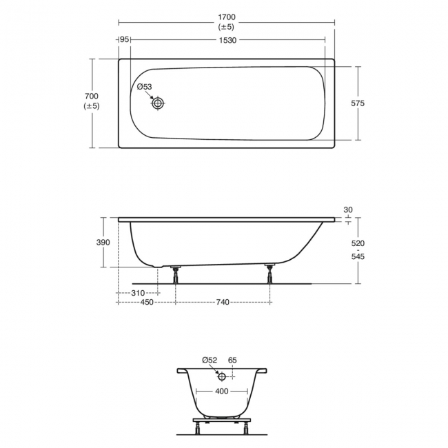 Armitage Shanks Sandringham 21 Rectangular Steel Bath 1700mm x 700mm - 0 Tap Hole (inc Leg Set)