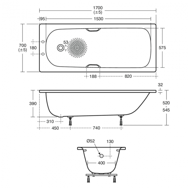 Armitage Shanks Sandringham 21 Rectangular Steel Bath with Grips 1700mm x 700mm - 2 Tap Hole (inc Leg Set)