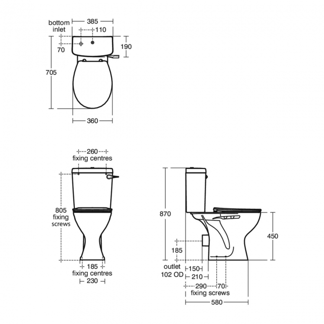 Armitage Shanks Sandringham 21 Comfort Height Close Coupled Toilet (inc Hardwearing Seat)  | Dimension Image