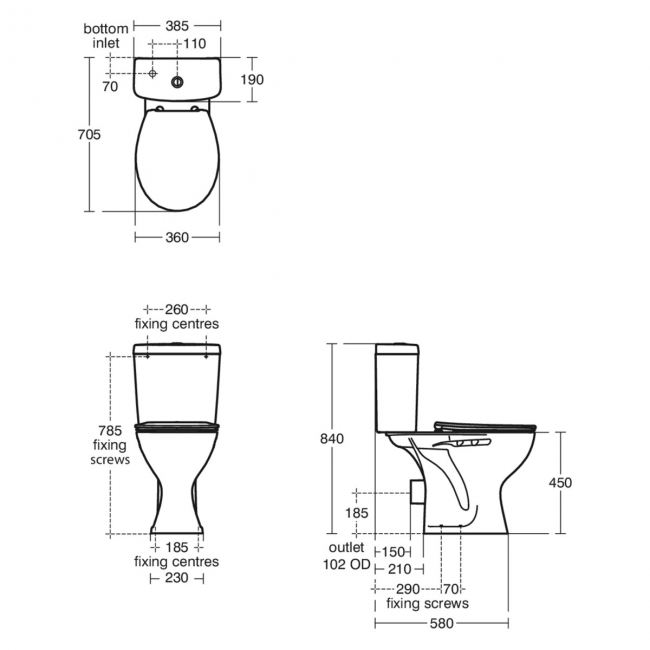 Armitage Shanks Sandringham 21 Comfort Height Close Coupled Toilet (inc Soft Close Seat)  | Dimension Image