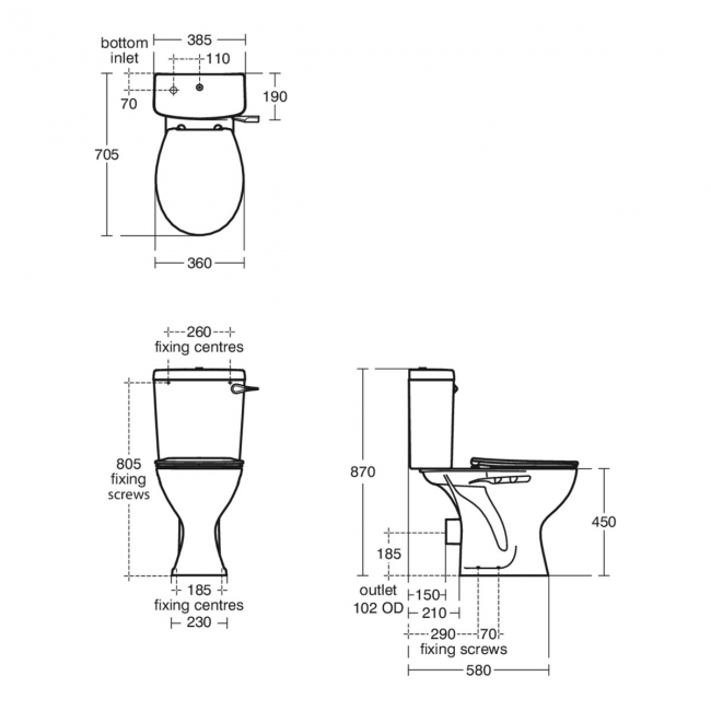 Armitage Shanks Sandringham 21 Comfort Height Close Coupled Toilet (inc Ring Seat)  | Dimension Image