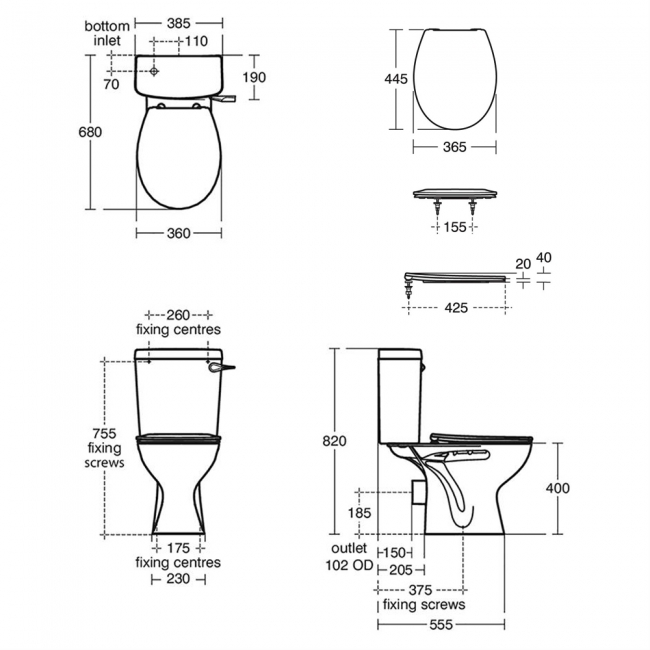Armitage Shanks Sandringham 21 Close Coupled Toilet with Lockable Cistern (inc Standard Seat)  | Dimension Image