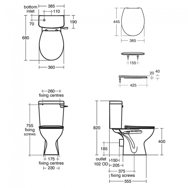 Armitage Shanks Sandringham 21 Close Coupled Toilet with Lockable Cistern (inc Hardwearing Seat)  | Dimension Image