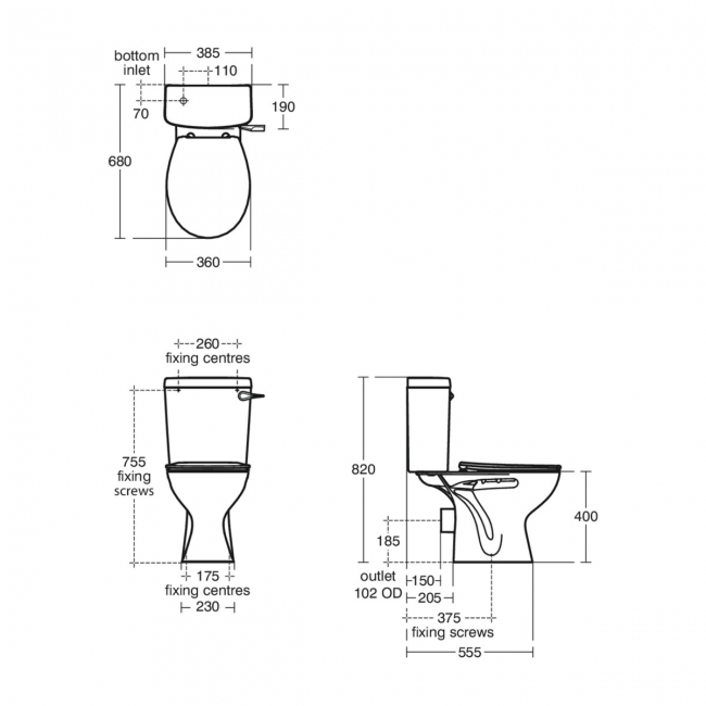 Armitage Shanks Sandringham 21 Close Coupled Toilet with Lockable Cistern (inc Soft Close Seat)  | Dimension Image