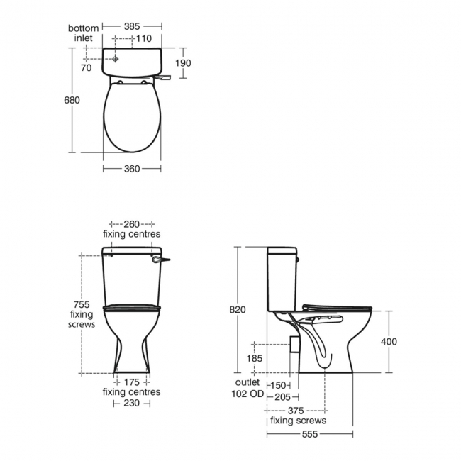 Armitage Shanks Sandringham 21 Close Coupled Toilet with Lockable Cistern (inc Ring Seat)  | Dimension Image