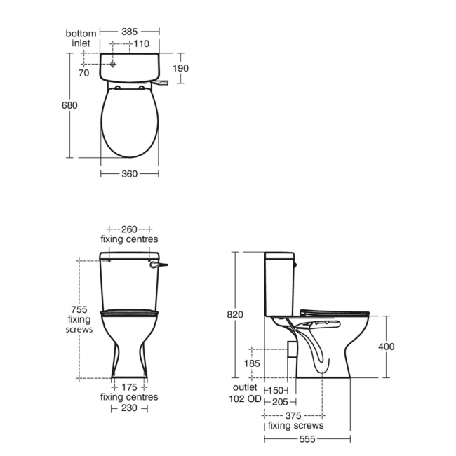 Armitage Shanks Sandringham 21 Close Coupled Toilet with Eco Cistern (inc Ring Seat)  | Dimension Image
