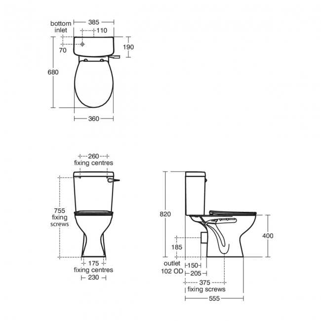 Armitage Shanks Sandringham 21 Close Coupled Toilet with Spatula Lever Cistern (inc Standard Seat)  | Dimension Image