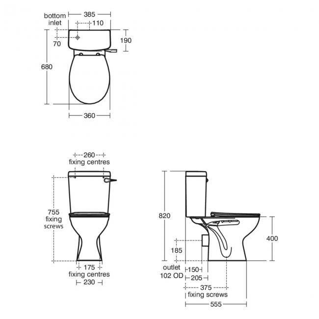 Armitage Shanks Sandringham 21 Close Coupled Toilet with Spatula Lever Cistern (inc Hardwearing Seat)  | Dimension Image