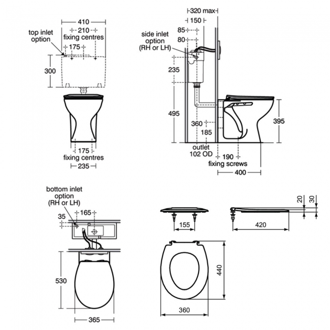 Armitage Shanks Sandringham 21 Back to Wall Toilet (inc Ring Seat)  | Dimension Image