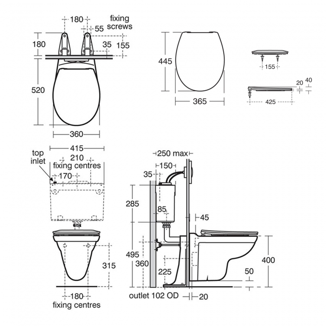 Armitage Shanks Sandringham 21 Wall Hung Toilet (inc Hardwearing Seat)  | Dimension Image