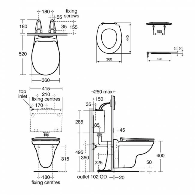 Armitage Shanks Sandringham 21 Wall Hung Toilet (inc Ring Seat)  | Dimension Image