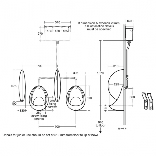 Armitage Shanks Sanura Urinal Bowl 500mm H x 390mm W - Concealed Fitting