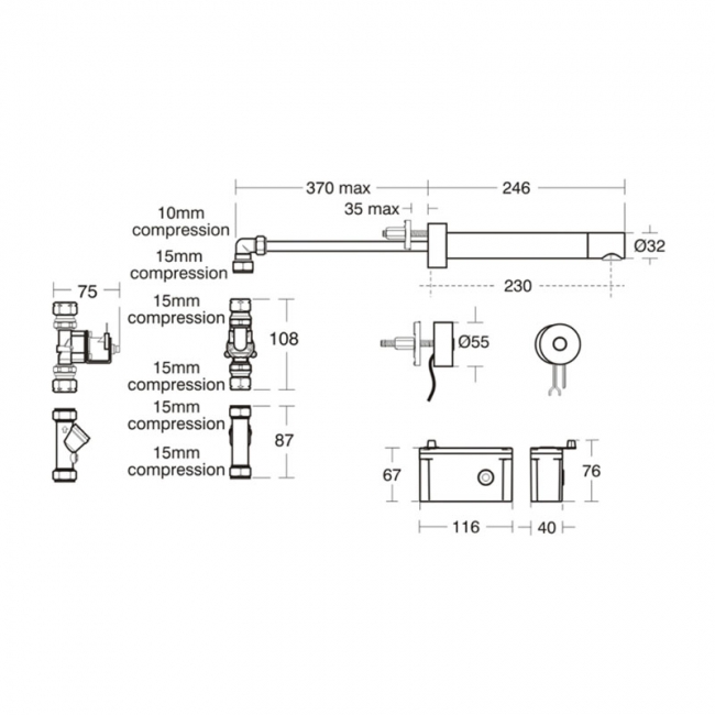 Armitage Shanks Sensorflow 21 Basin Wall Spout with Separate Sensor 230mm - Mains  | Dimension Image