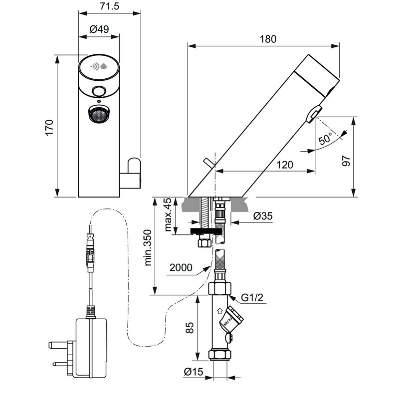 Armitage Shanks Sensorflow E Deck Mounted Basin Mixer Tap with Temperature Control - Mains