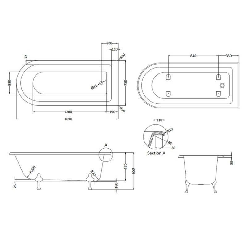 Bayswater Single Ended Freestanding Shower Bath 1690mm x 750mm