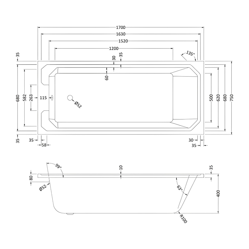 Bayswater Bathurst Single Ended Rectangular Bath 1700mm x 750mm