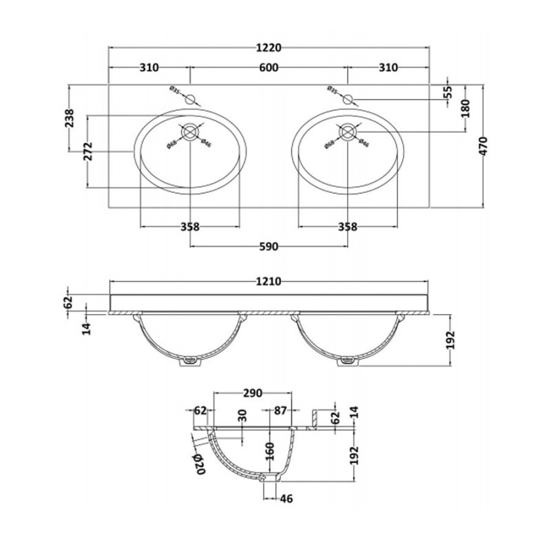 Bayswater Black Marble Top Furniture Double Basin 1200mm Wide 1 Tap Hole