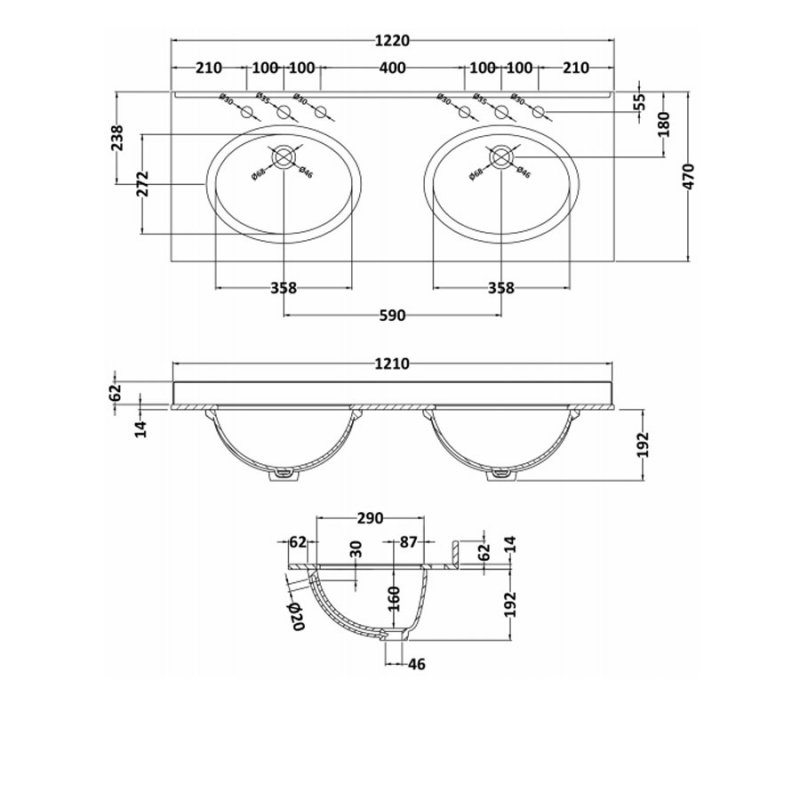 Bayswater Black Marble Top Furniture Double Basin 1200mm Wide 3 Tap Hole