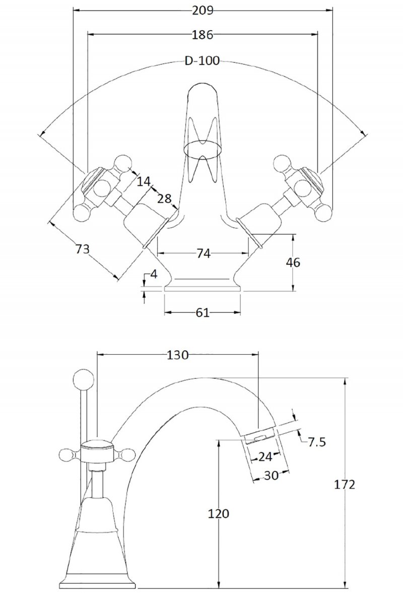 Bayswater Crosshead Dome Basin Mixer BAYT205 Deck Mounted White