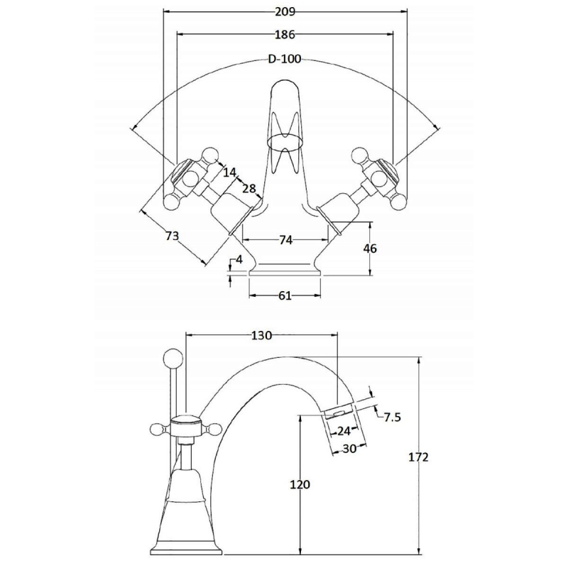 Bayswater Crosshead Dome Mono Basin Mixer Tap with Waste - Black/Chrome