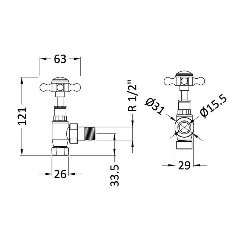 Bayswater Crosshead Angled Radiator Valves Pair Chrome