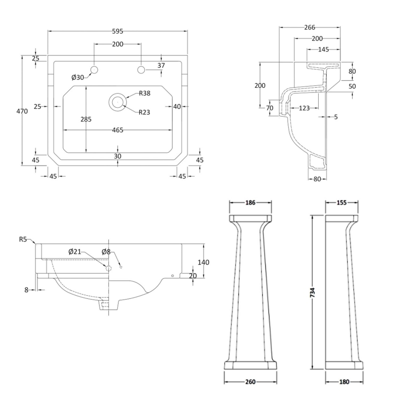 Bayswater Fitzroy Basin with Large Full Pedestal 595mm Wide 2 Tap Hole