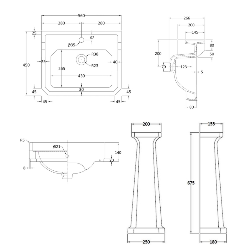 Bayswater Fitzroy Basin with Full Pedestal 560mm Wide 1 Tap Hole