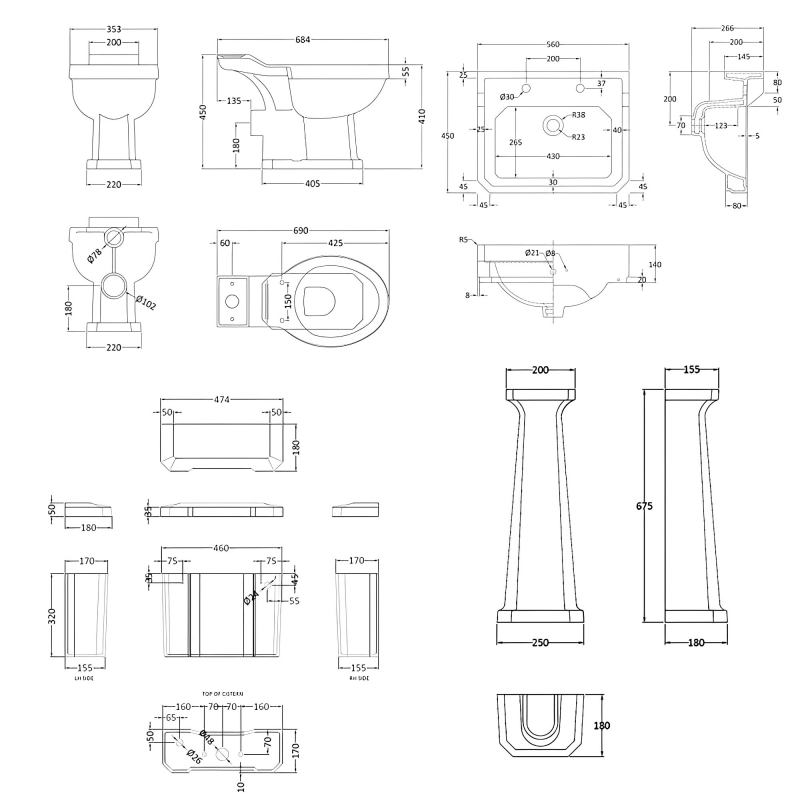Bayswater Fitzroy Bathroom Suite Close Coupled Toilet and Basin 560mm 2 Tap Hole