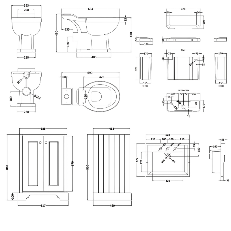 Bayswater Fitzroy Bathroom Suite with Floor Standing Vanity Unit 600mm - 3TH