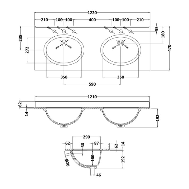 Bayswater Grey Marble Countertop Basin BAYC238 1220mm 3TH