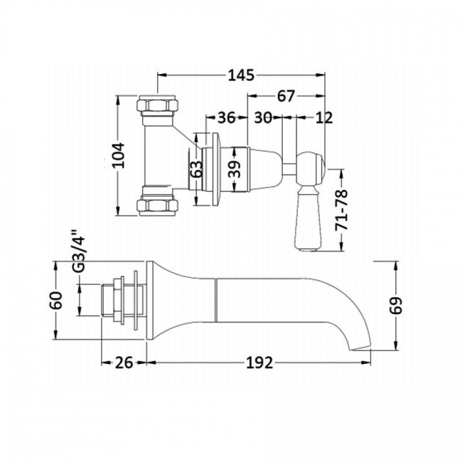 Bayswater Lever Dome 3-Hole Wall Mounted Bath Filler Tap White/Chrome