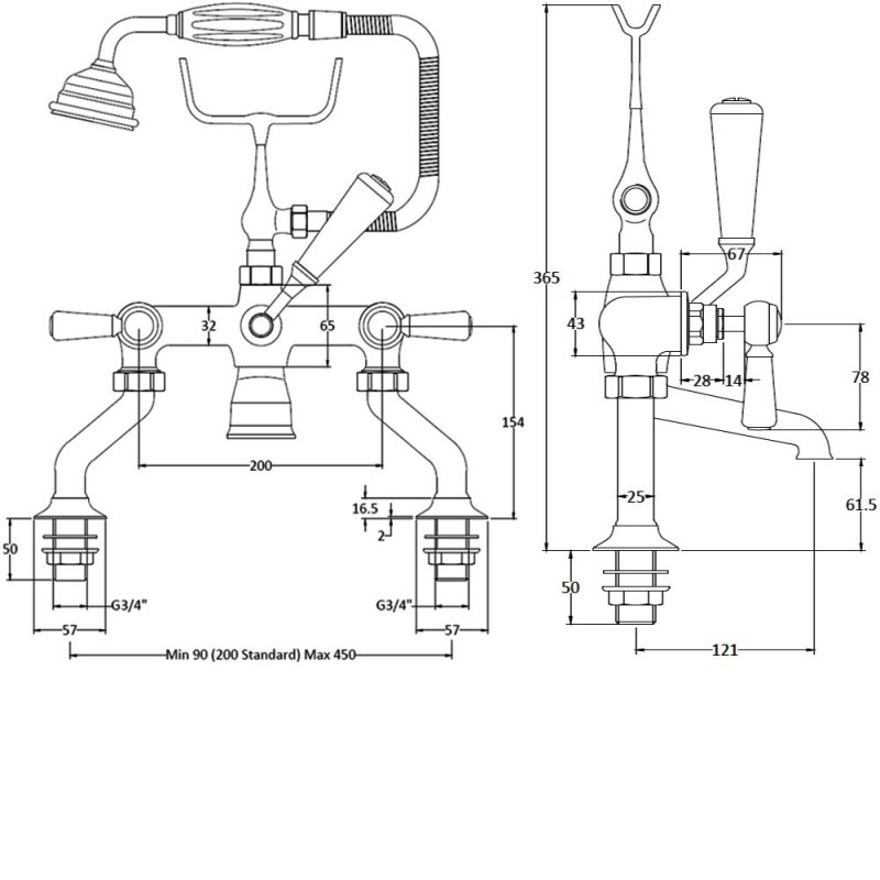 Bayswater Lever Hex Bath Shower Mixer BAYT444 Pillar Mounted