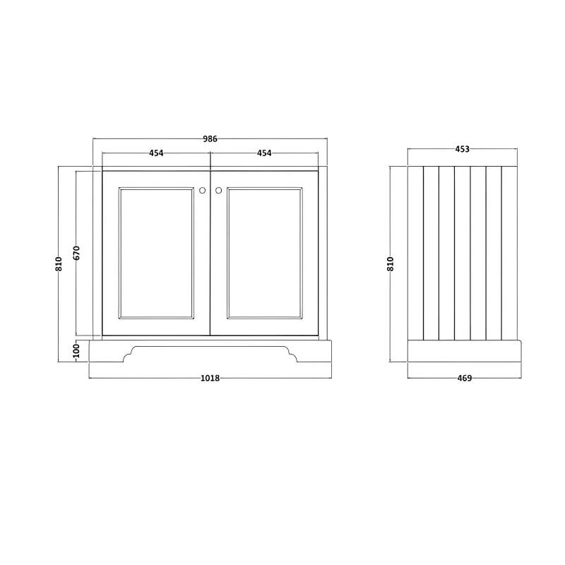 Bayswater Matt Black 2-Door Vanity Unit 1000mm Wide (Excluding Basin)  | Dimension Image
