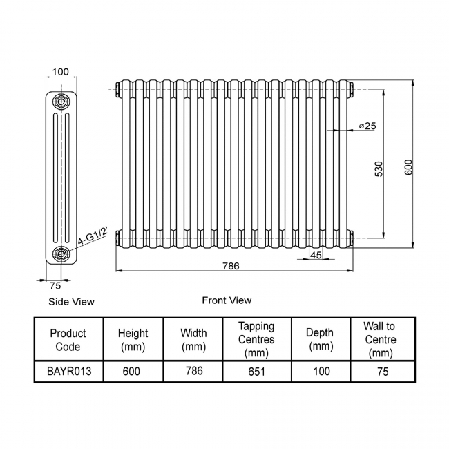 Bayswater Nelson 3-Column Horizontal Radiator 600mm High x 786mm Wide White