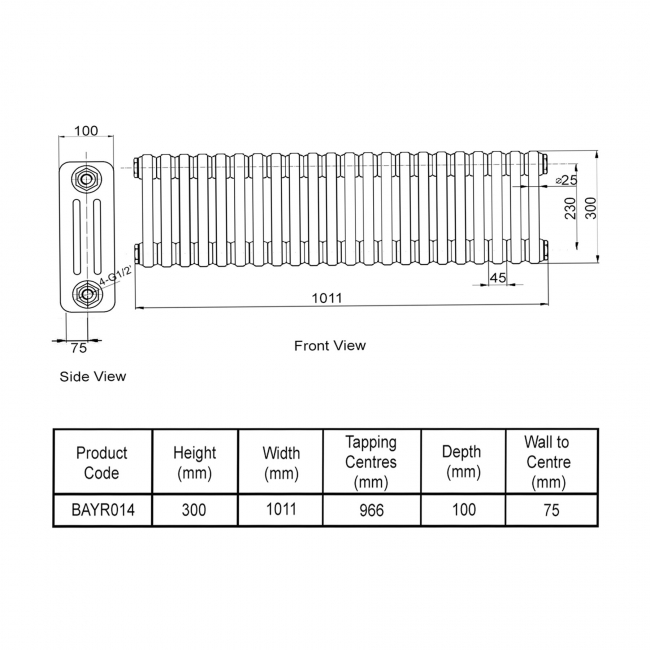 Bayswater Nelson 3-Column Horizontal Radiator 300mm High x 1011mm Wide White