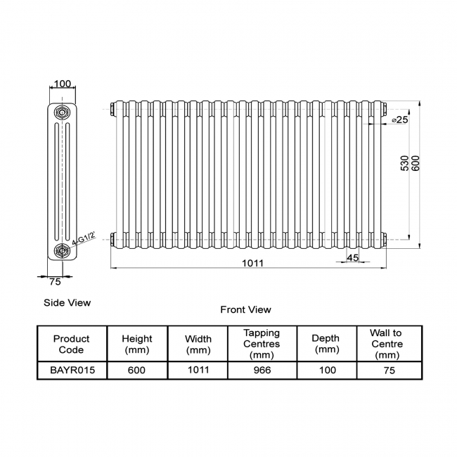 Bayswater Nelson 3-Column Horizontal Radiator 600mm High x 1011mm Wide White